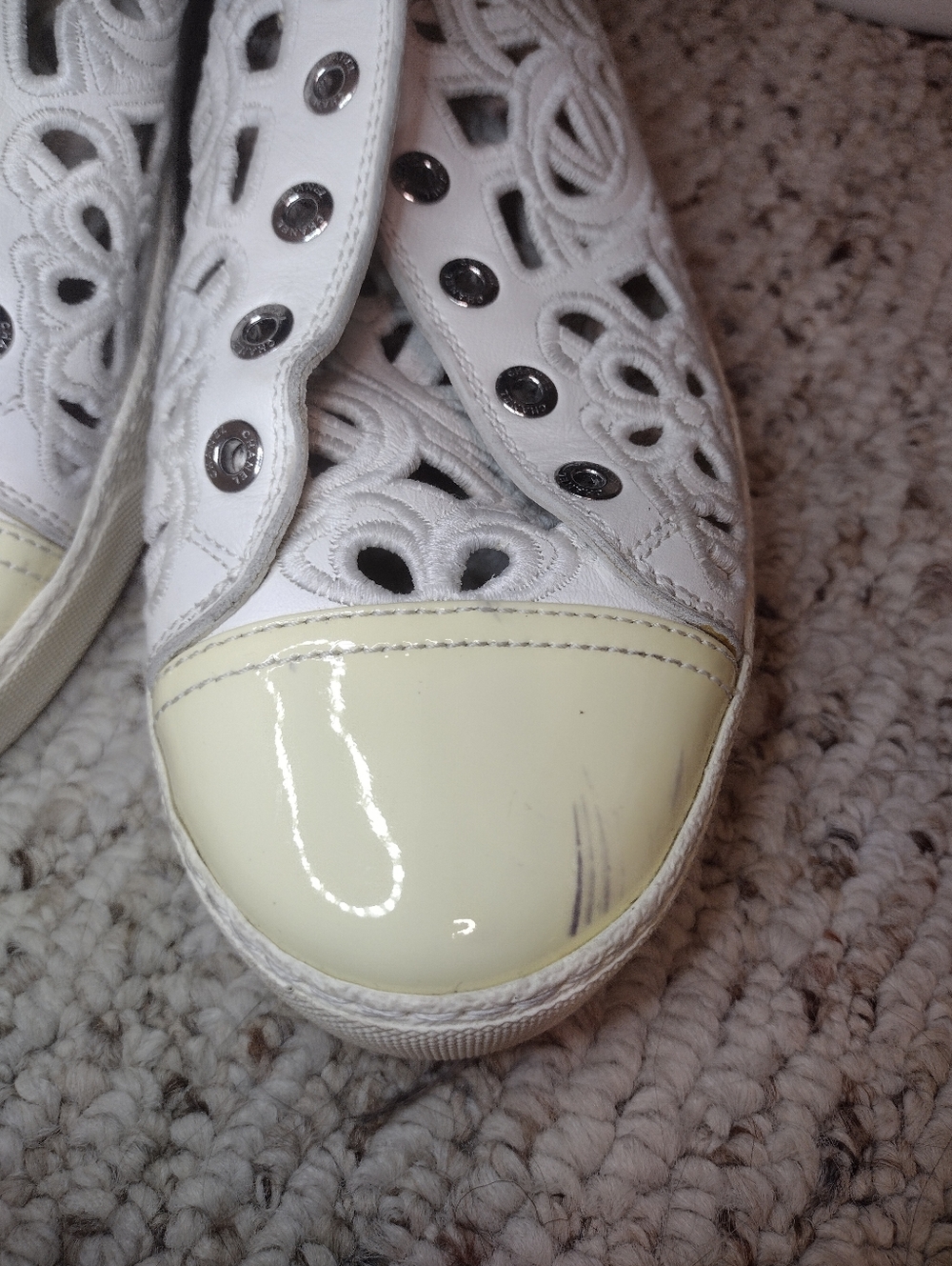 Chanel White & Cream Floral Laser Cutout Lace-up Sneakers - Picture 5 of 9